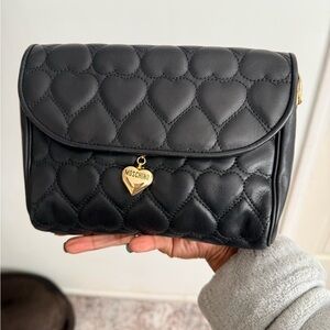 Moschino Black Quilted Heart-Pattern Leather Crossbody with Gold Heart Charm
